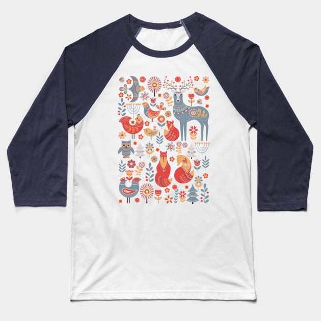 Forest animals and birds in the Scandinavian style. Baseball T-Shirt by Irina Skaska